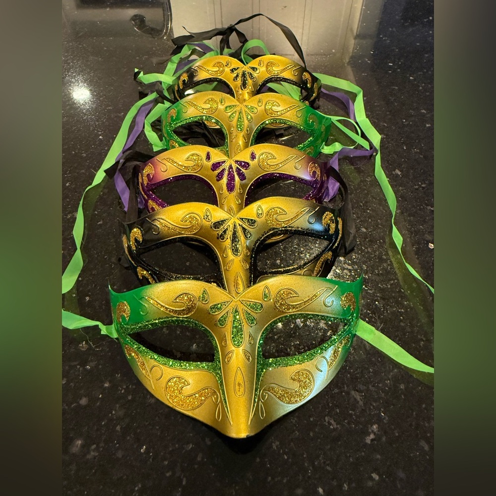 Festive Mardi Gras Masks - Gold with Green, Black and Purple Accents